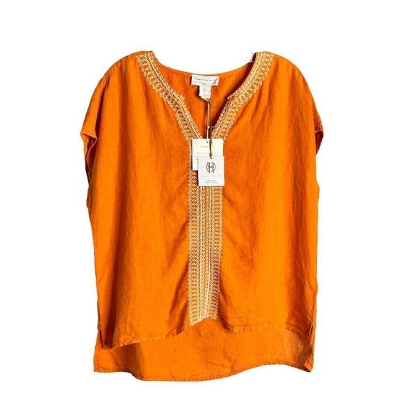 NEW House of Harlow 1960 Orange Blouse Short Sleeve Embroidered Linen Womens S - Picture 1 of 5